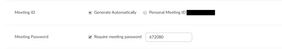 Screenshot of Zoom Web Settings for generating a random Meeting ID to prevent a Zoom security risk