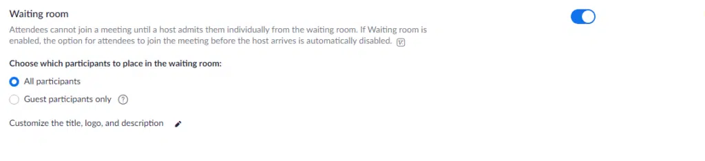 Screenshot of Zoom settings with the Waiting Room option toggled on