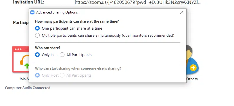 Screenshot of Advanced Zoom settings, selecting the option for only the host to share their screen