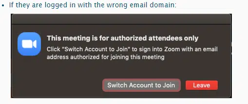 Screenshot of Zoom notification for users who are signed in with the wrong email domain, requiring them to log in