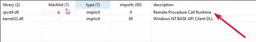 List of dynamic link libraries, with a red arrow pointing to Remote Procedure Call Runtime