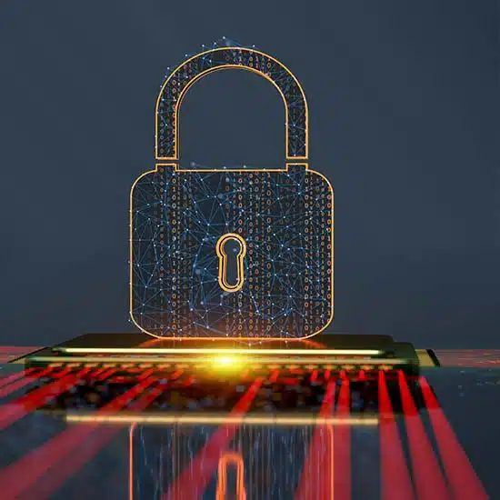 Digital padlock, filled with glowing code, sitting atop a computer chip to symbolize cybersecurity and data encryption