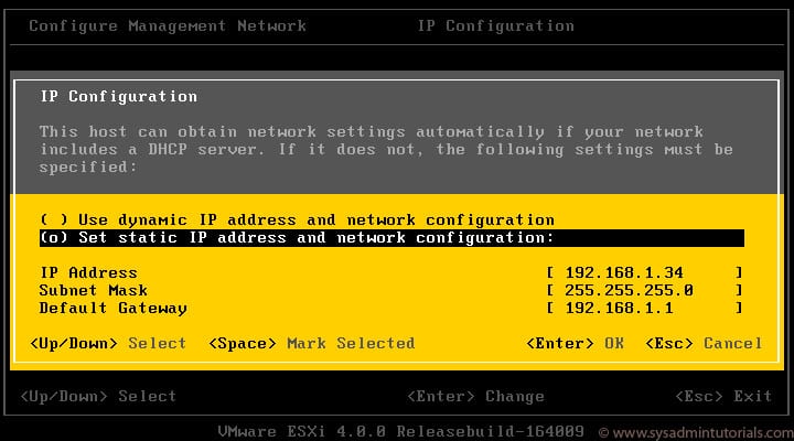 esxi setup screenshot of Static IP address