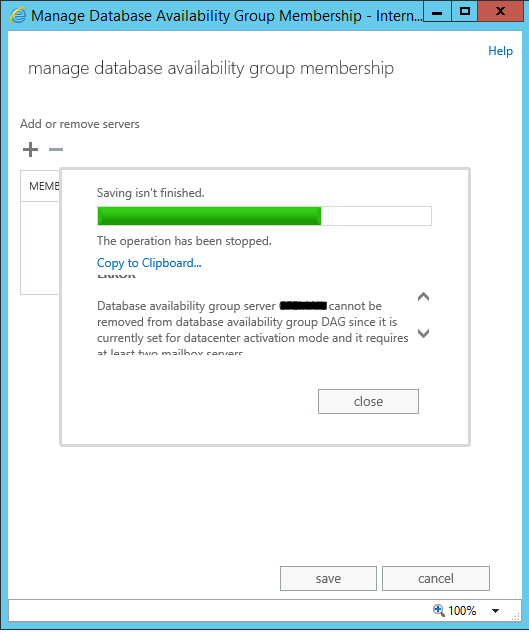 database availability group decommission error