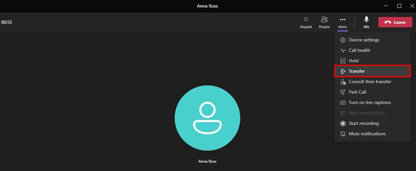 Select Transfer from More Call Options in a Teams call.
