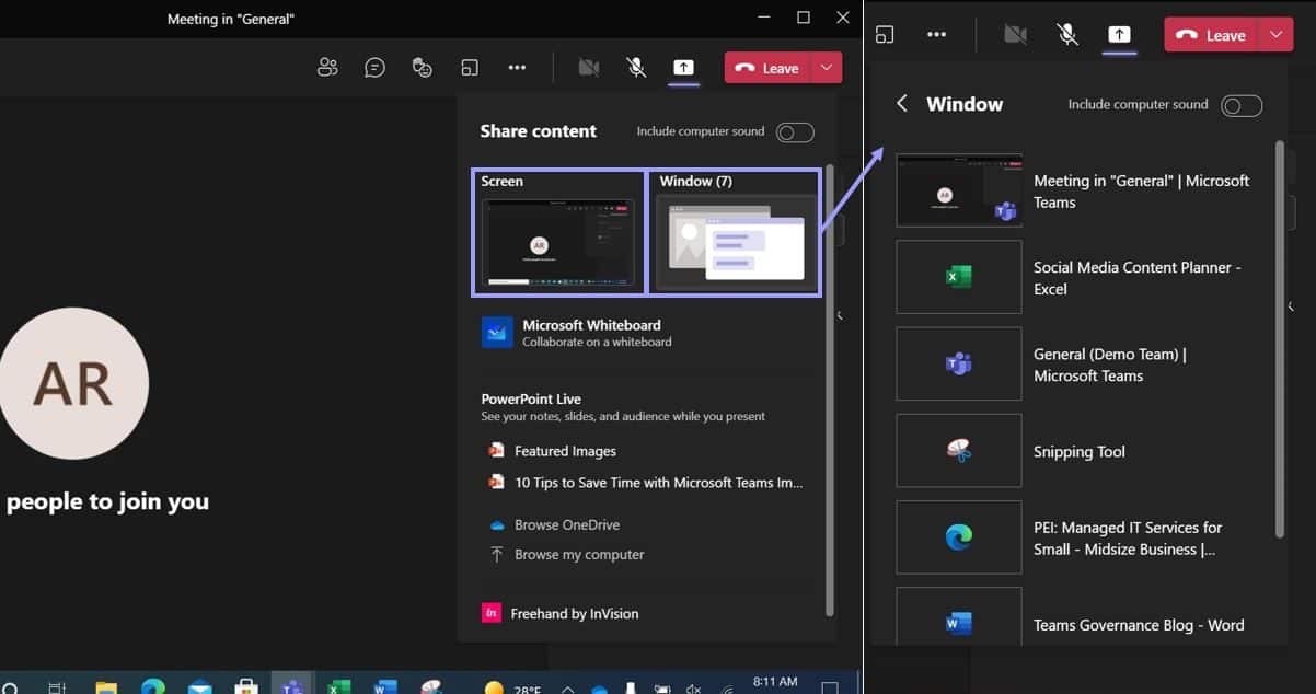 You can choose to share a screen/desktop or a specific window/program.