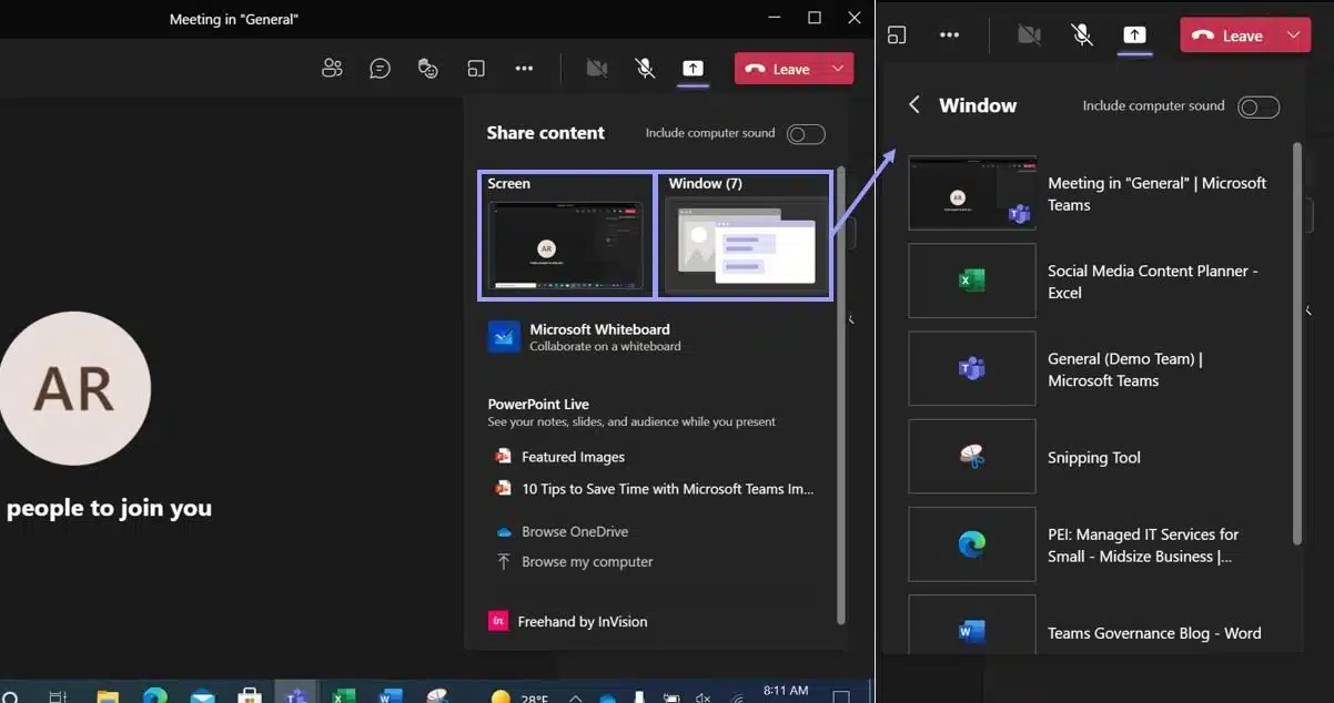 You can choose to share a screen/desktop or a specific window/program.