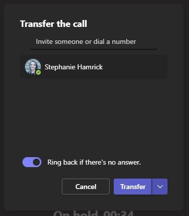 Transfer call pop out window.