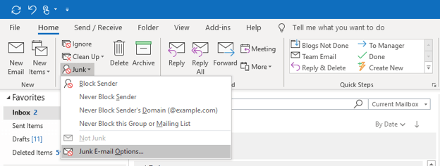 Outlook Desktop Junk Email Options