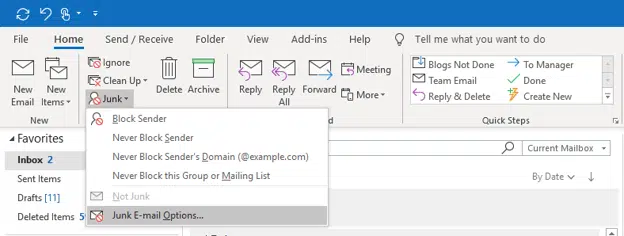 Outlook Desktop Junk Email Options