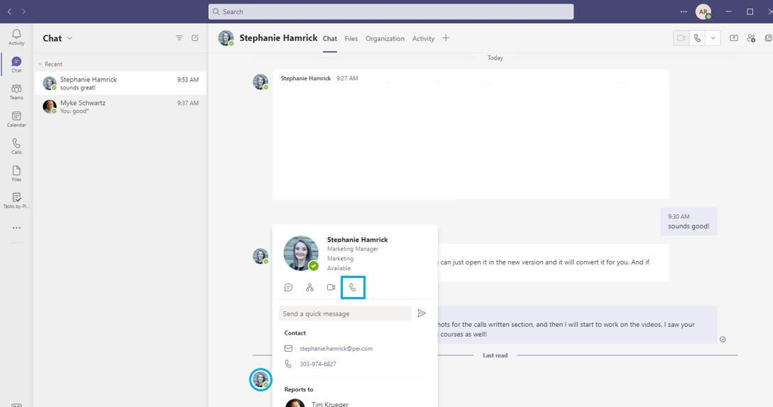 You can place a call from anywhere in Teams that you interact with someone's contact card.