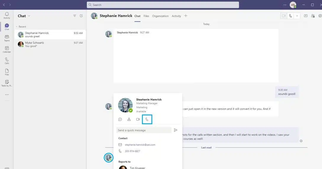 You can place a call from anywhere in Teams that you interact with someone's contact card.