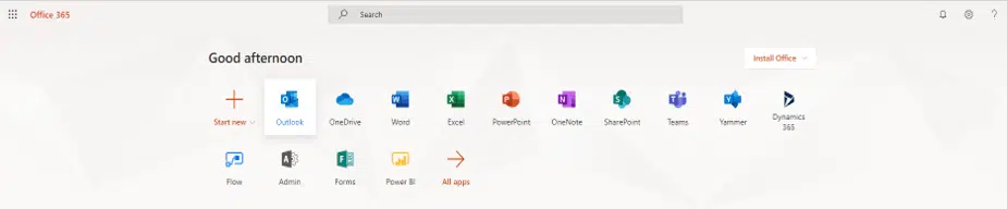 Office 365 homepage with Outlook app