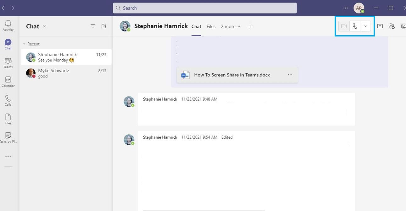 Place a call from a chat in Teams by clicking the call icon in the top right corner.