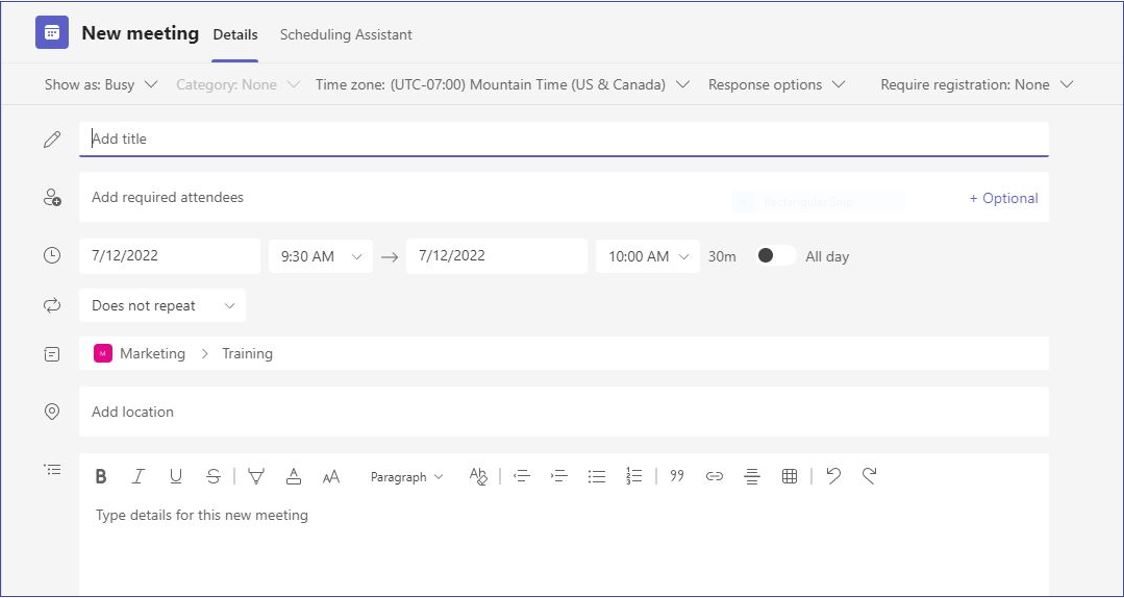 Fields for scheduling a new Teams meeting.