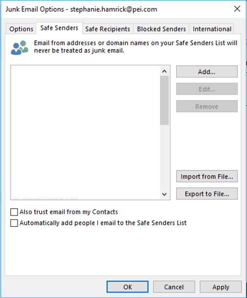 Safe Senders Whitelist in Outlook Desktop