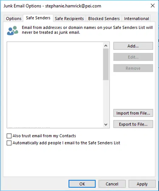 Safe Senders Whitelist in Outlook Desktop