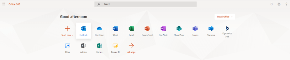 Office 365 homepage with Outlook app