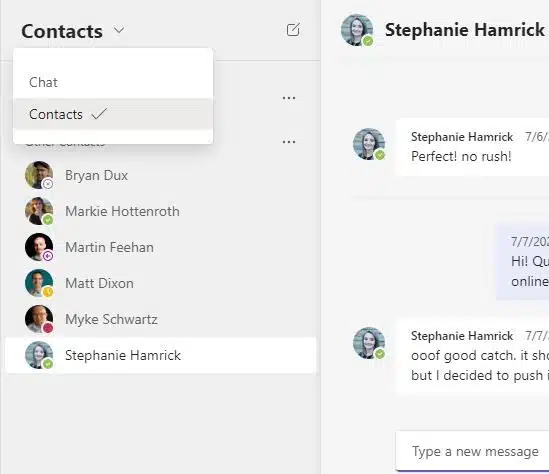 Send a message from the contacts page from the chat tab.