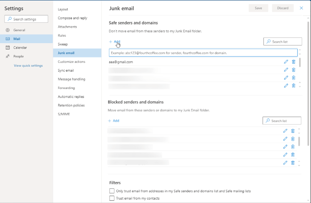 Outlook Wepp App Whitelist Email options