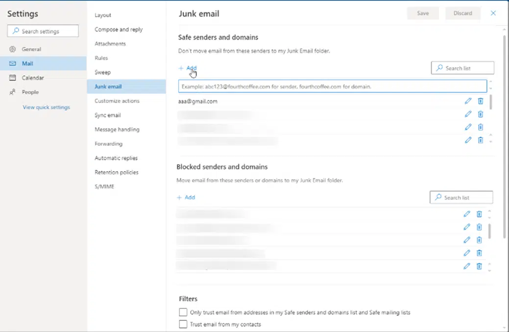 Outlook Wepp App Whitelist Email options