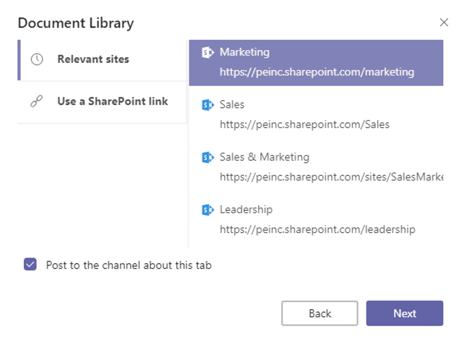 Teams Choose SharePoint Site