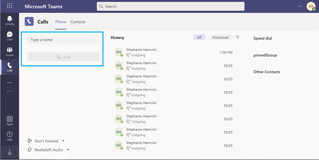 Depending on your type of Microsoft Teams account, your Call tab may not have a dial pad.