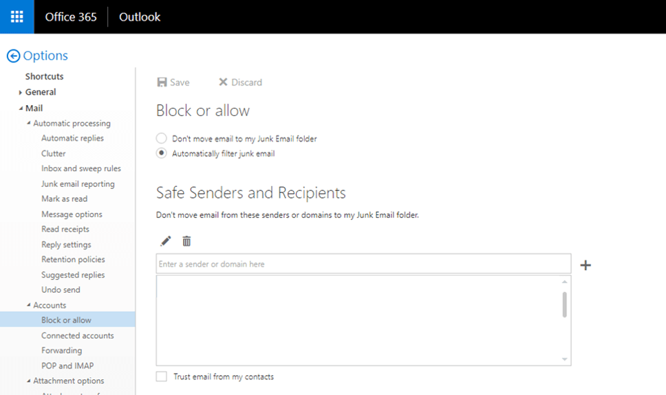 Add Email to safe senders in outlook web app legacy