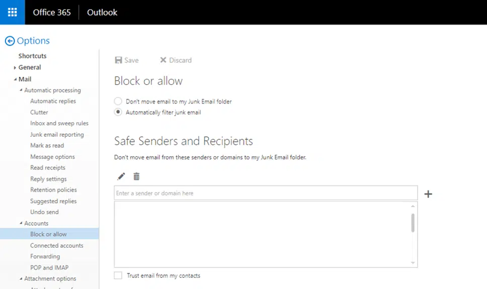 Add Email to safe senders in outlook web app legacy