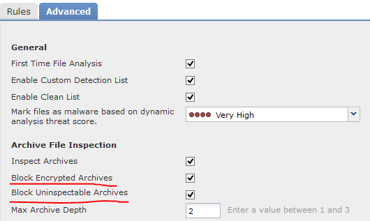 Advanced Malware Protection Inspect Archives and Encryption options