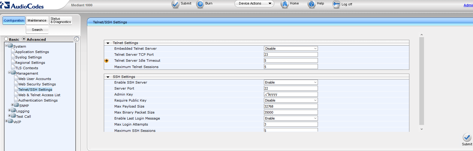 Audio Codes ssh settings