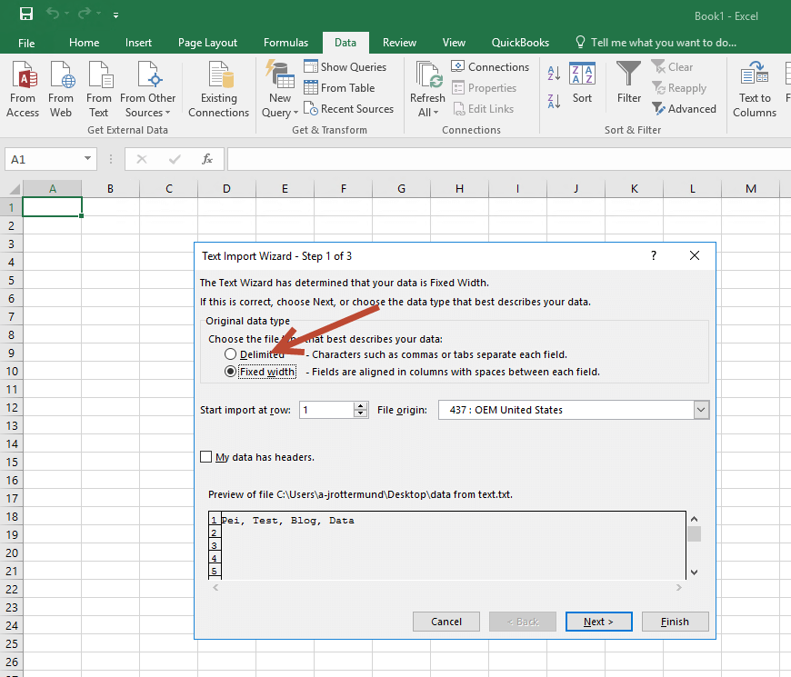 Legacy From Text Excel Wizard step two