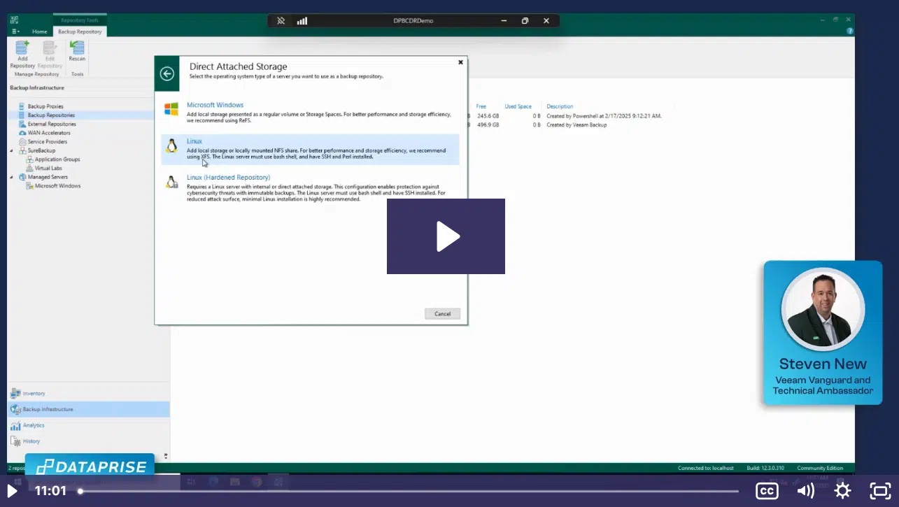 Veeam backup repository video tutorial by a representative of Dataprise showing secure data storage configuration.