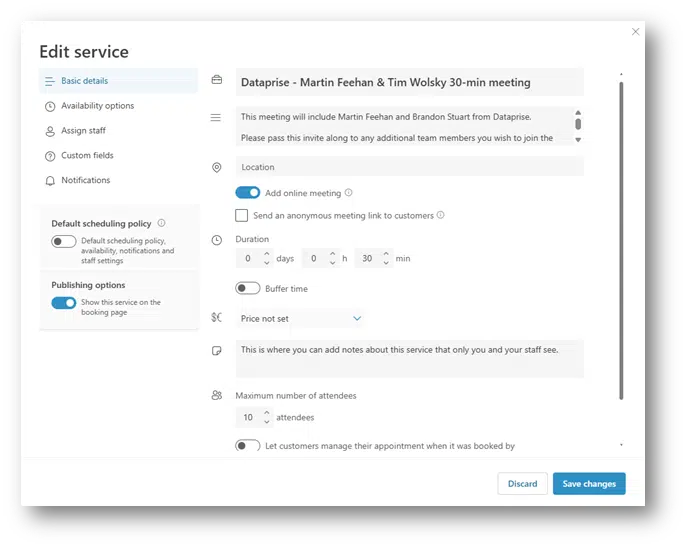 Microsoft Bookings configuration settings for a meeting