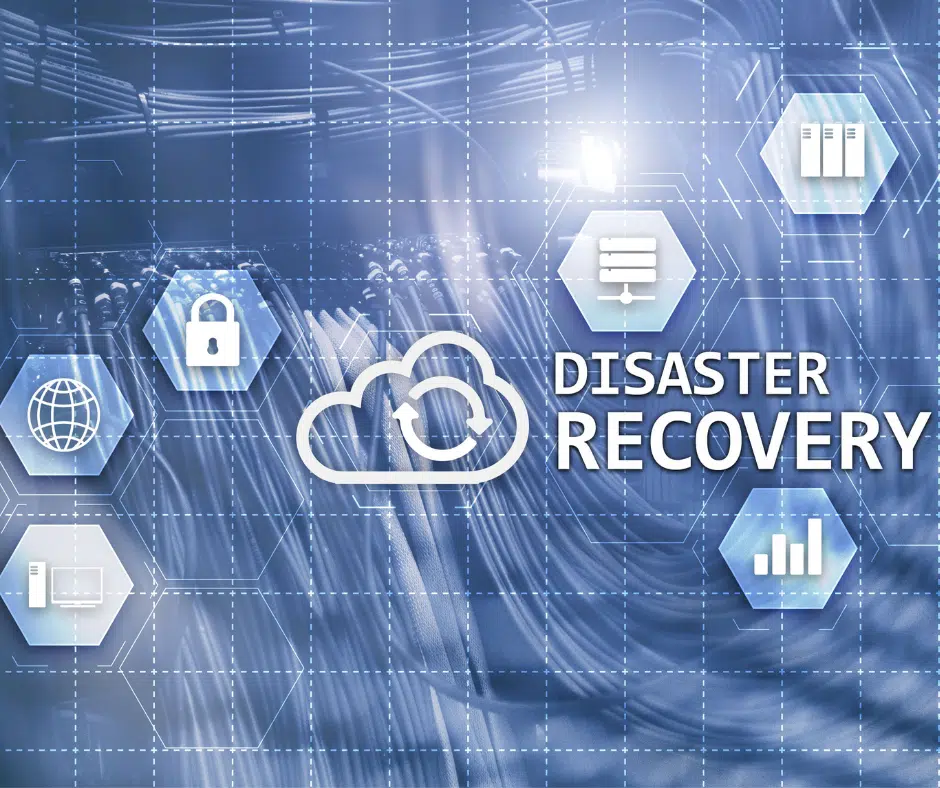 Blueprint-style graphic representing disaster recovery solutions for businesses