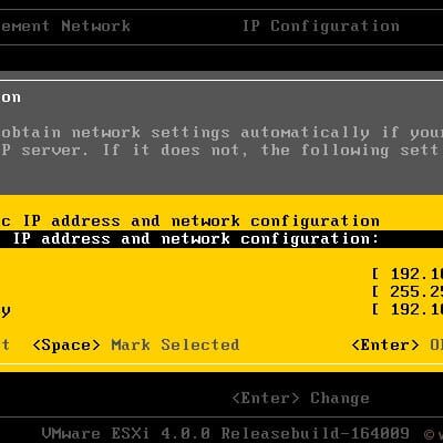 esxi setup screenshot of Static IP address