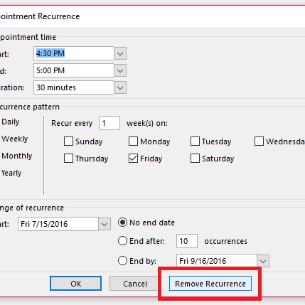 Appointment Recurrence Removal Screenshot