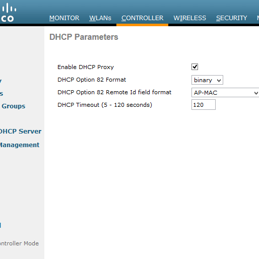 Cisco WLC Web Conole Enable DHCP Proxy Check