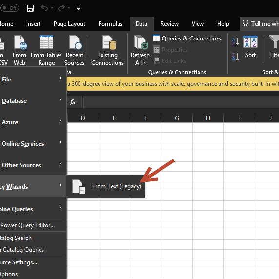 using from text data import legacy wizard